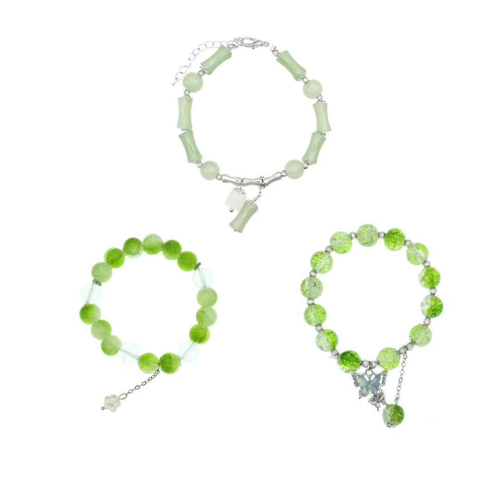 Nyx&lvy Bamboo Beaded New Chinese Style Jade for Women3-Piece Crystal Exquisite Lucky Bracelet Jewelry Elegant Green Jade Beaded Bracelet Set