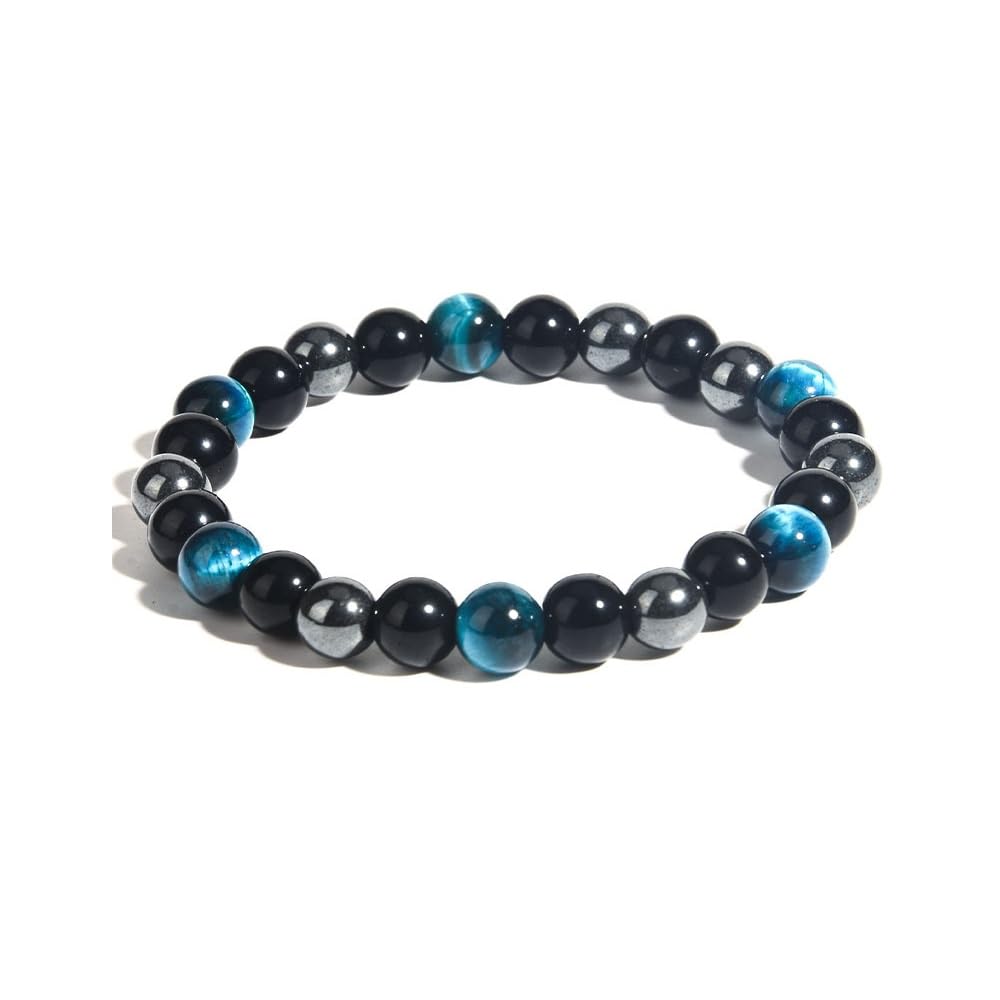 Caiyao 8mm Tiger Eye Stone Black Obsidian Hematite Bracelet Relax Anxiety Beaded Triple Protection Jewelry Bead Stone Chakra Gemstones Bracelets for Women-Sky Blue
