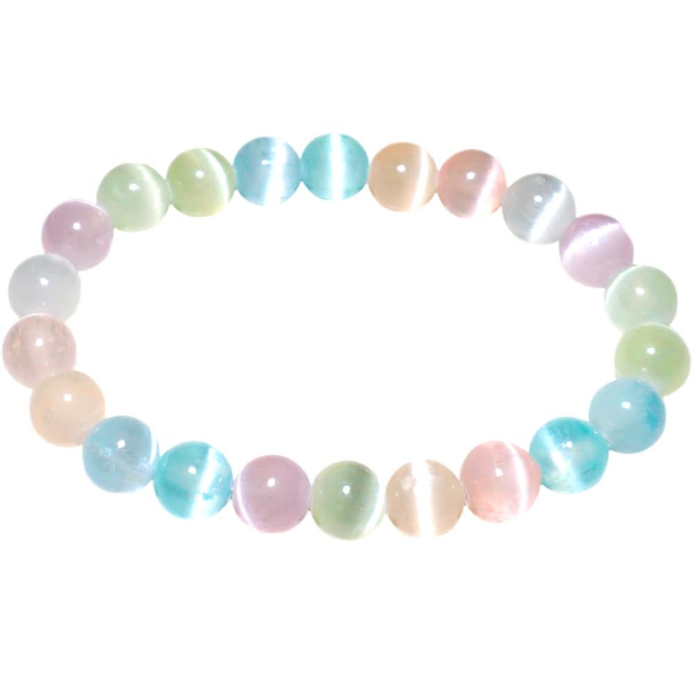 TaHLga 8mm Macaron Selenite Bracelet - Multi-Color Natural Crown Chakra Crystal | Handmade Sweet Color Meditation Bracelet with Cat-Eye Effect | Beading Tool Kit - Adjust to 6.5-7.5 inches Wrist Size