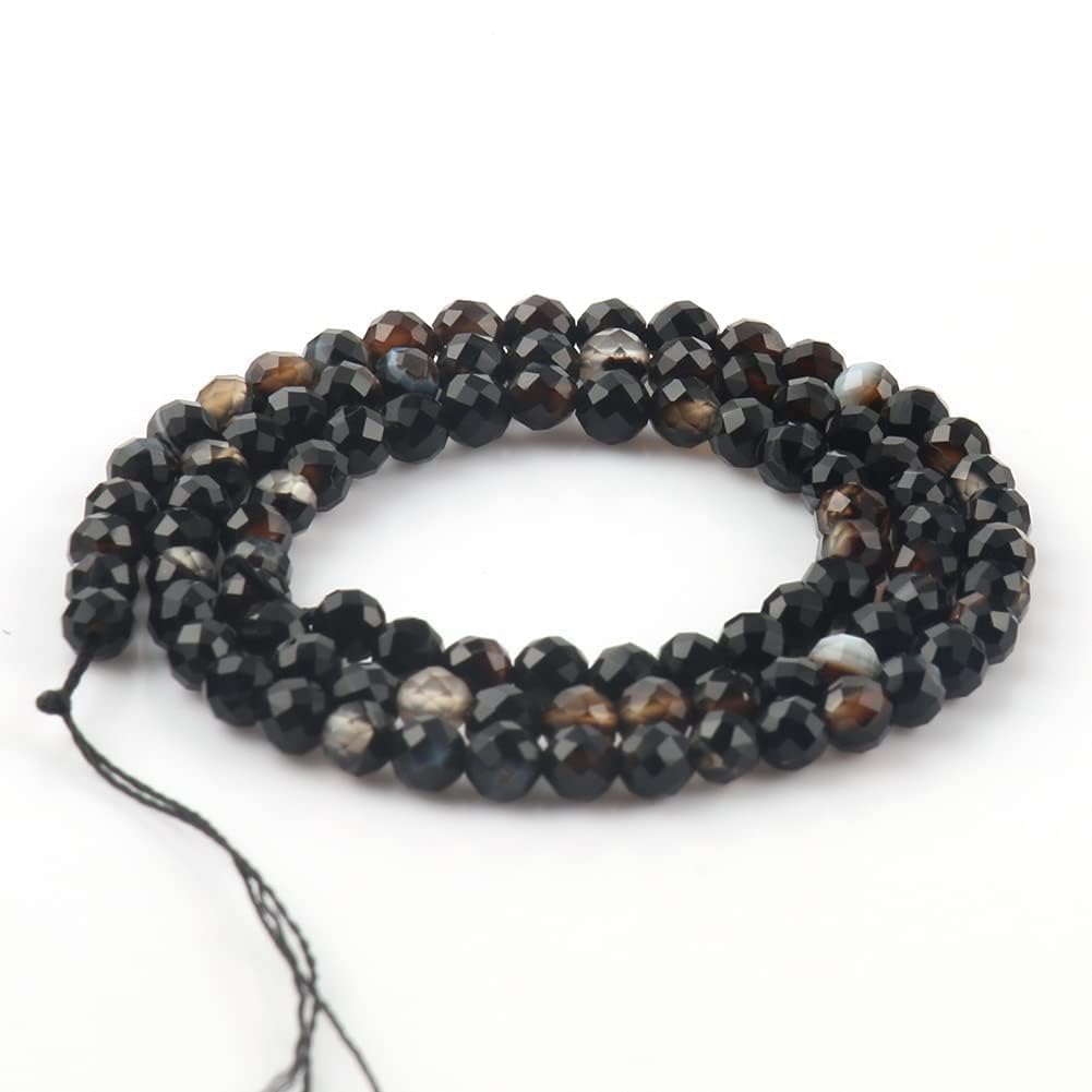 Song Xi 90pcs 4mm Natural Black Striped Agate Gemstone Beads Faceted Round Loose Stone Beads for Jewelry Making (1 Strand)