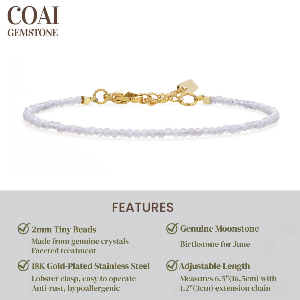COAI Women's Crystal Bracelet Stone Beaded Moonstone Bracelet for Women 2mm