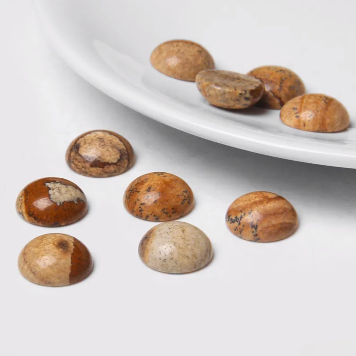 20pcs 14mm Natural Stone No Hole Brown Picture Semicircle Smooth Cabochons Beads Healing Chakra Crystal Stone Bead for Jewelry Making Rings Earrings Necklace Bracelet DIY Crafts