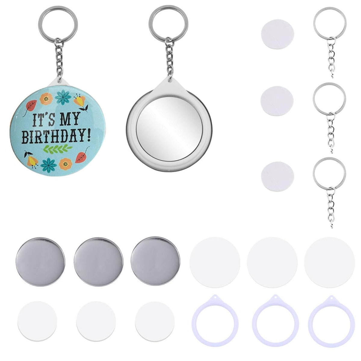 HaoGludi 25 Sets 2.25 inch Button Badge Maker Double-Sided Keychain, 58mm Round Badge Parts with Metal Cover, Mirror, Plastic Base and Keychain, for Button Maker Machine DIY Gifts
