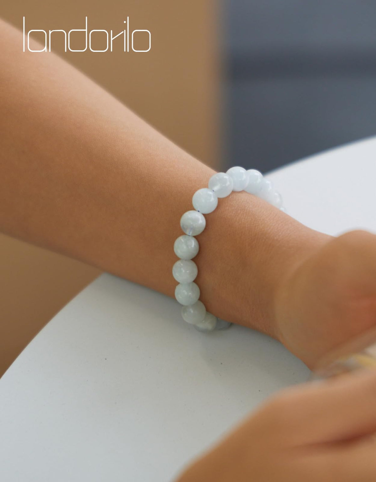 Landorilo Beaded Bracelet for Men Women, 8mm Natural Stone Aquamarine Healing Crystal Stretch Bracelets, Ideal Christmas Birthday Jewelry Gifts with Energy Card，Replacement Beads Included