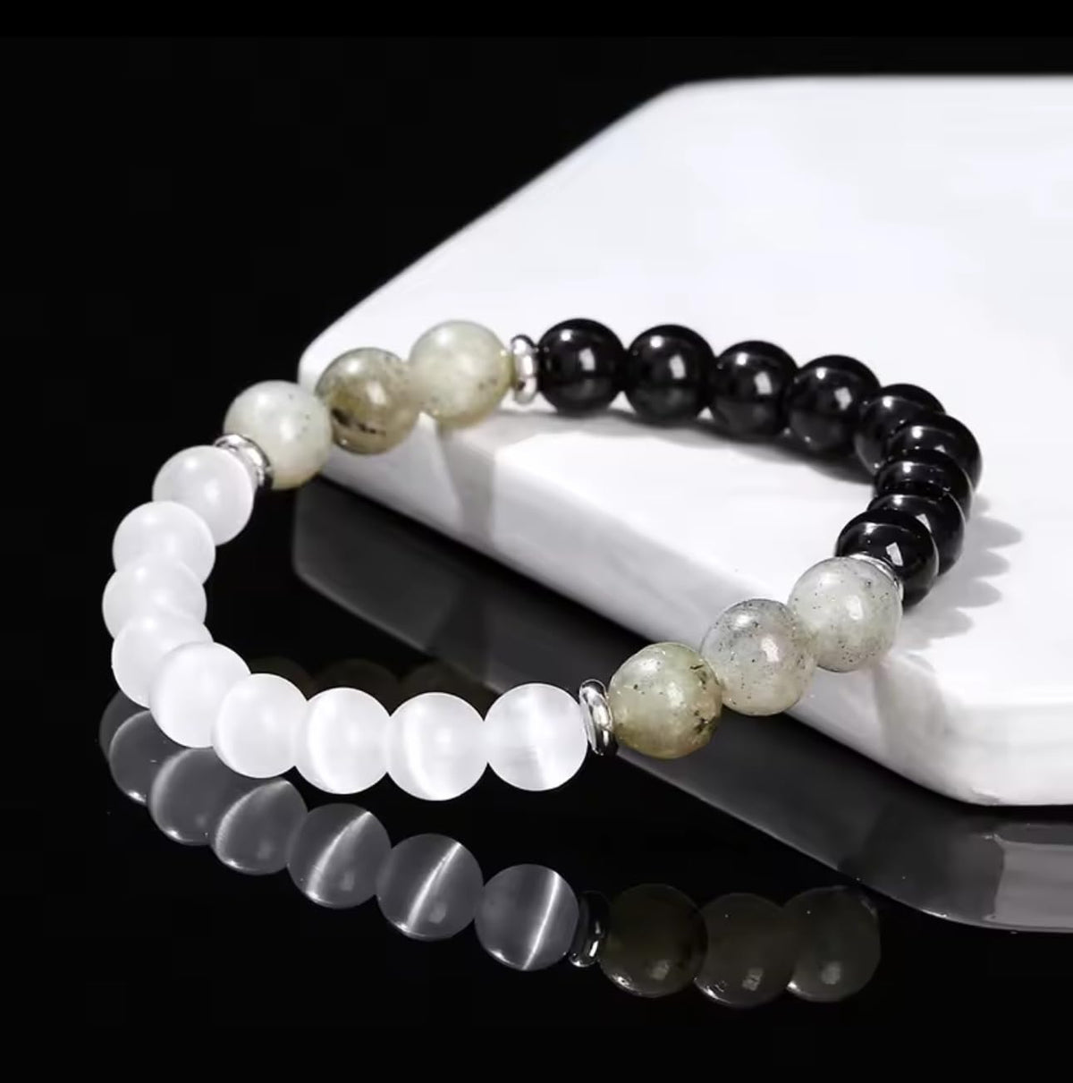 TUBIANCA Obsidian Labradorite Cat Eye Stone Bracelet – Natural Healing Crystal Energy Jewelry for Protection, Balance & Positive Energy – Handmade Gemstone Beaded Bracelet for Men & Women