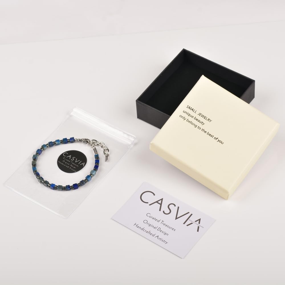 Casvia Men's Lapis Lazuli & Hematite Beaded Bracelet, Handmade Adjustable Stainless Steel Chain, Chakra Jewelry Gift for Dad, Husband, Boyfriend | Hematite Stone Bracelet