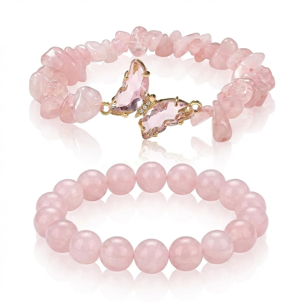 BELLA-Bee Natural Amethyst Healing Stone Bracelet Set for Women, Anxiety Relief Crystal Beaded Layered Bracelet with Butterfly Charm, Calming Spiritual Jewelry Gifts (Pink)
