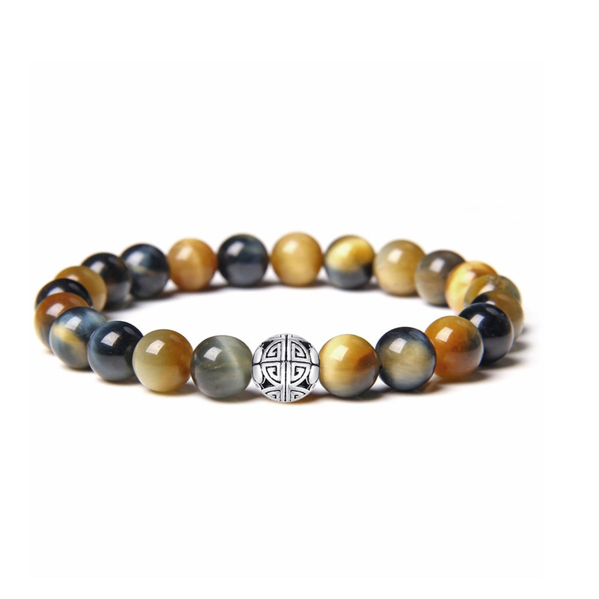 MetJakt Healing Crystals Beaded Bracelets for Womens Natural Gemstone 8mm Beads Stretch Bracelets with 925 Sterling Silver Double Happiness Pendant (Fantastic Tiger Eye Stone)