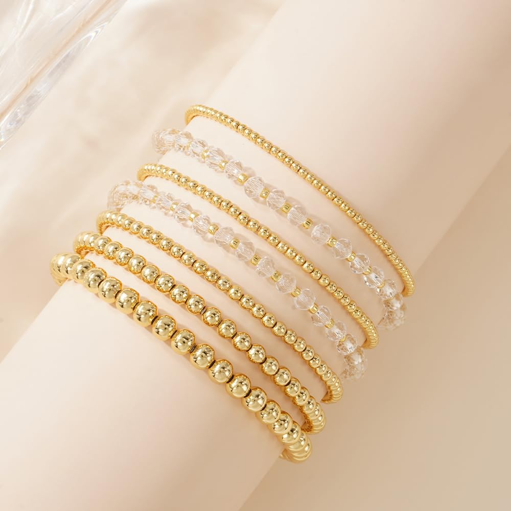 Dainty Gold Beaded Bracelet Stack for Women,Bohemia Stretch White Glass Beads Non Tarnish Stackable Bracelets Set Fashion Prom Party Holiday Accessories Jewelry Gift Friendship
