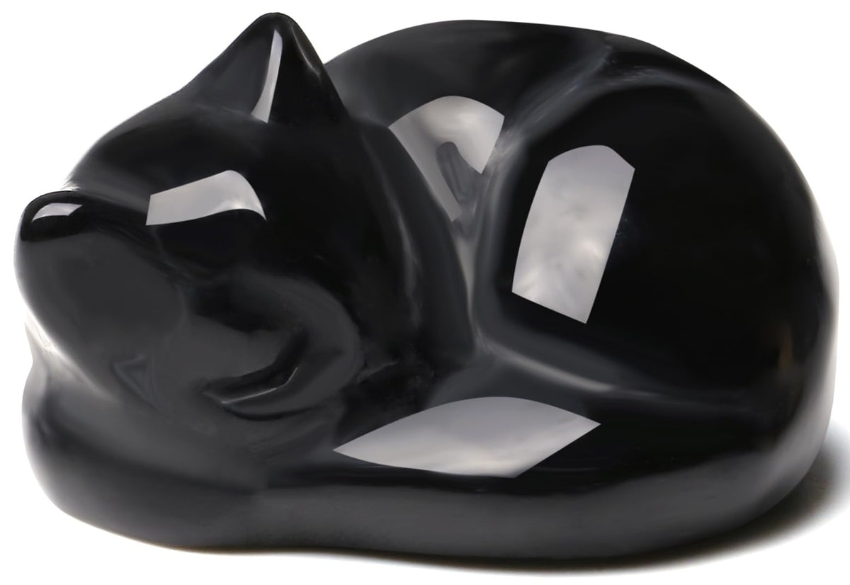 QINJIEJIE Black Obsidian Cat Decor Crystals and Healing Stones Figurine Sleeping Cats Stone Statue Gift Carved Gemstones Sculpture Office Home Desk Kitten Cute Cat Decor for Men Stocking Stuffers