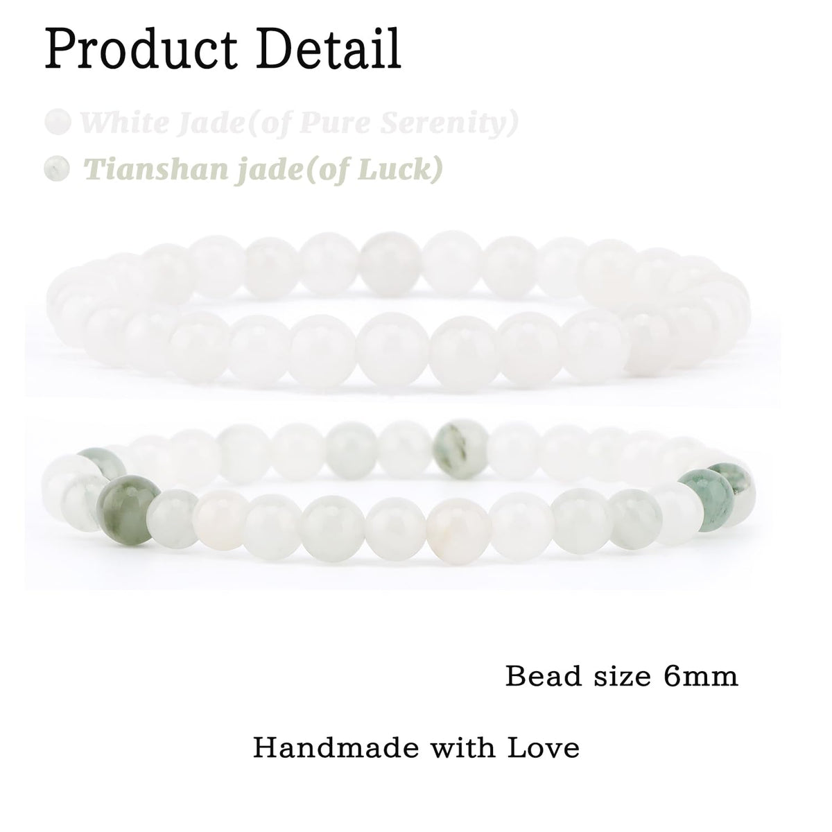 NCB 2-Piece 6mm Natural Crystal Gemstone Stretch Bracelets – ﻿Tianshan Jade, White Jade Handmade Reiki Energy Healing Jewelry for Meditation,Yoga, Unisex
