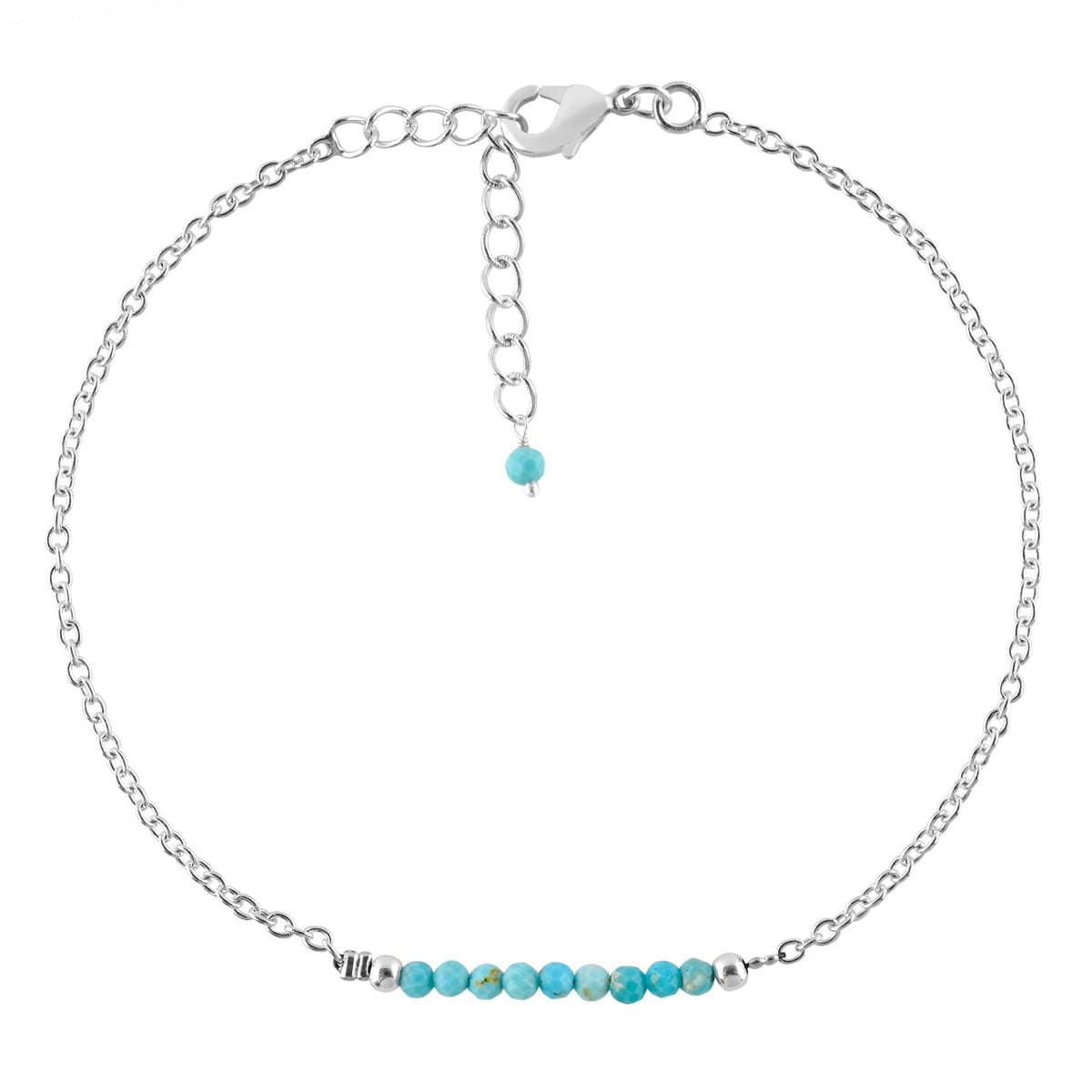 YANARA Turquoise Ankle Bracelet for Women Jewelry, Natural December Birthstone, Gemstone Beads, Handmade Dainty Anklet 9"+1.25" inch, 3mm Rounds, Chakra Energy Crystals, Silver Plated Chain