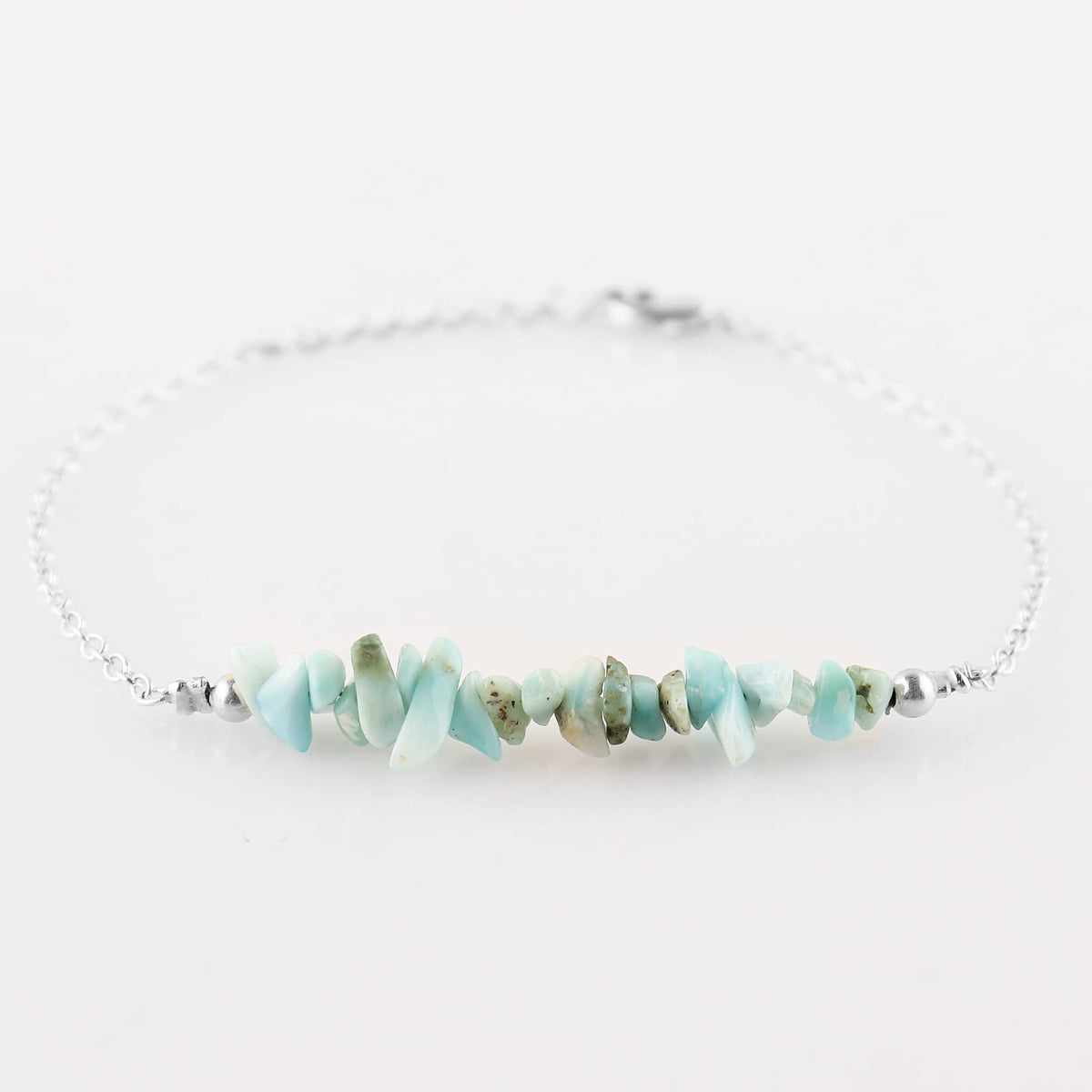 Gemimpression Handmade Larimar Chips Bar Bracelet – Natural Energy Healing Crystals – Silver Plated Adjustable 8 Inch Chain – Christmas Gift