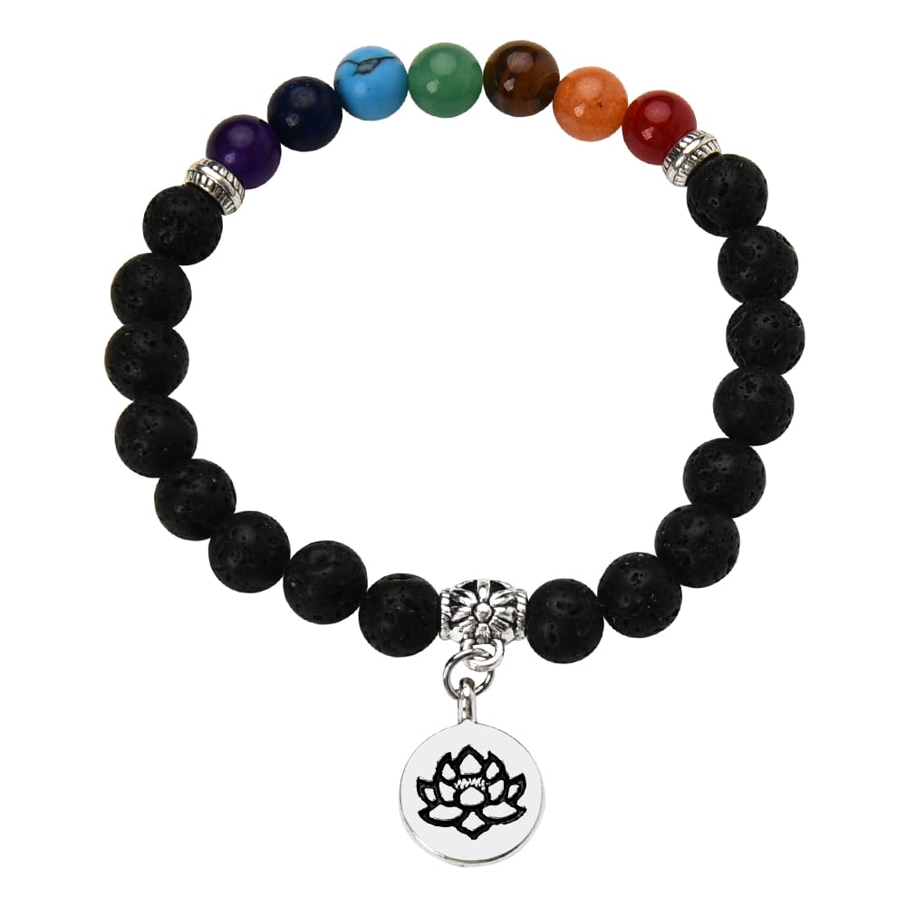Healing Chakra Crystal Bracelets for Women Men Spiritual Black Lava Stone Bracelets with Lotus Flower Charm Bracelet 8mm Yoga Meditation Gifts for Women Men Elastic Colorful Rainbow Beaded Bracelets