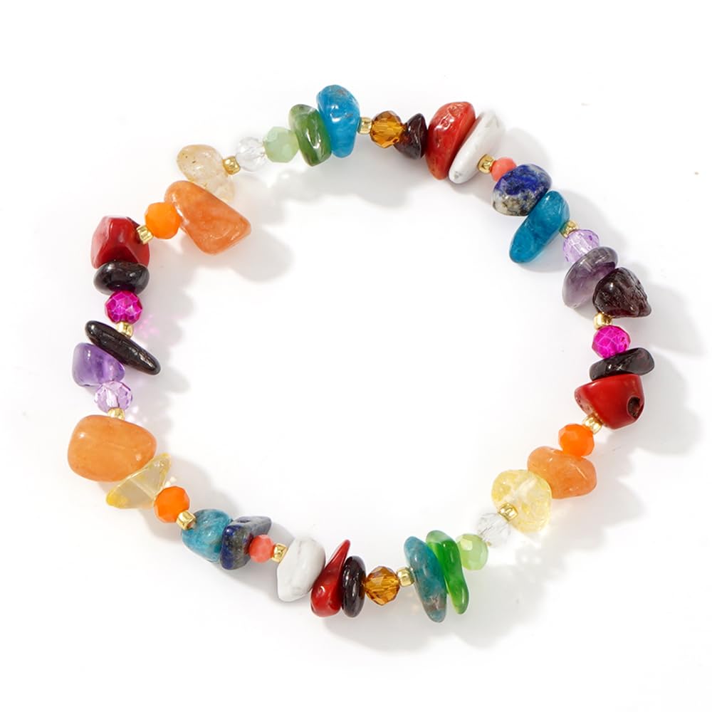 Ustome Colorful Healing Chip Crushed Crystal Inspirational Seven Chakras Beaded Bracelets for Women,Relaxation Energy Inner Peace Stretchy Jewelry,Daily Vacation FriendShip Gifts