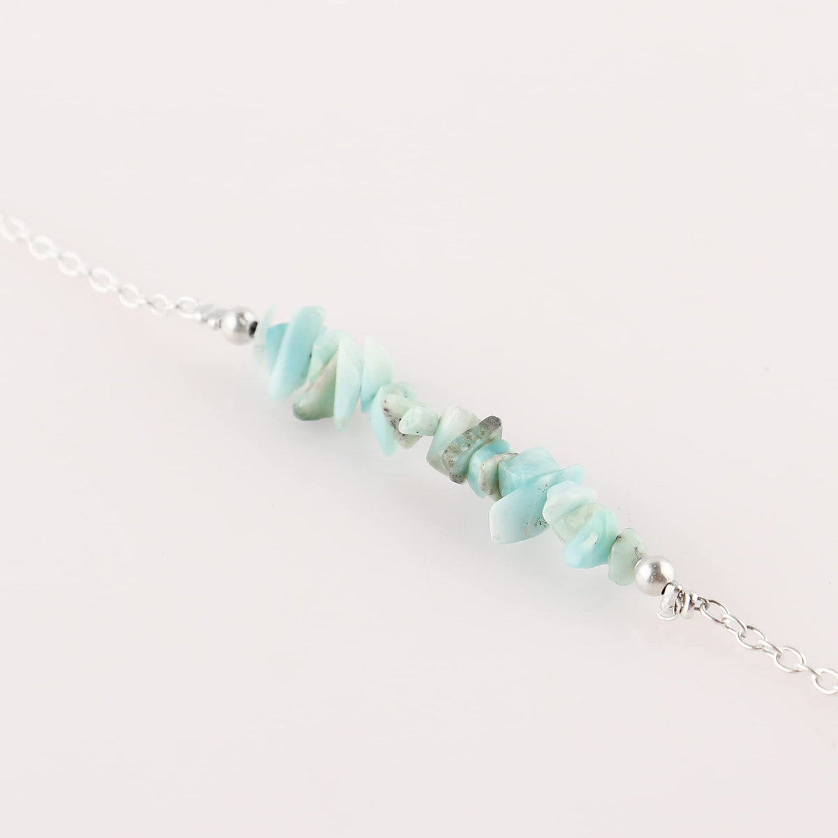 Gemimpression Handmade Larimar Chips Bar Bracelet – Natural Energy Healing Crystals – Silver Plated Adjustable 8 Inch Chain – Christmas Gift