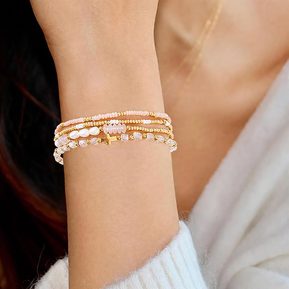 Bohxantium Gold Pearl Crystal Cross Bracelet for Women 14K Gold Plated Beads Pearl Pink Crystal Beaded Bracelet Stack Stretch Stackable Non Tarnish Trendy Jewelry Friendship Christian Gift for Women