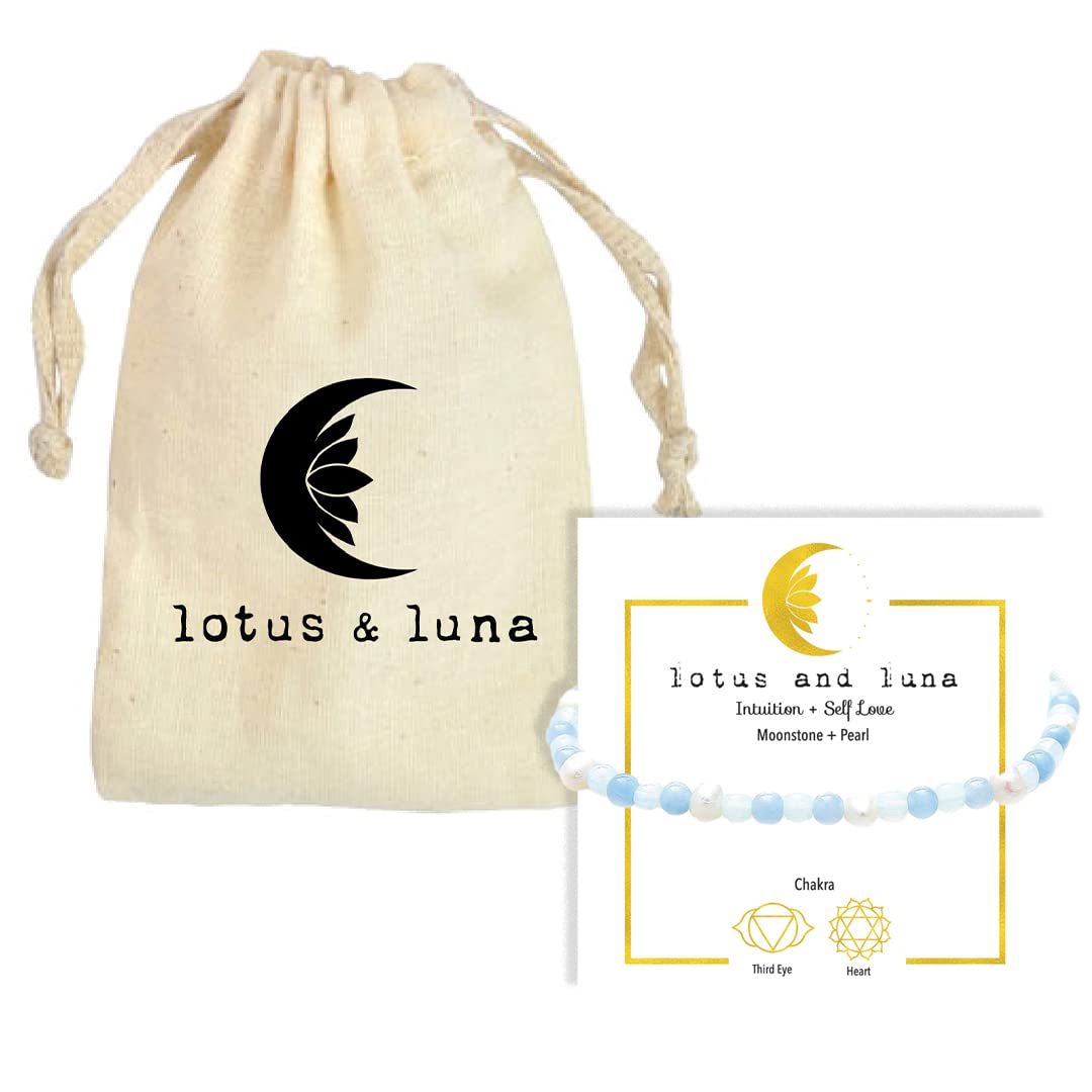 Lotus and Luna 4MM Energy Chakra Healing Bracelet with Real Stones Jade, Pearl, Rose Quartz, Amethyst, Moonstone (Intuition + Self Love)