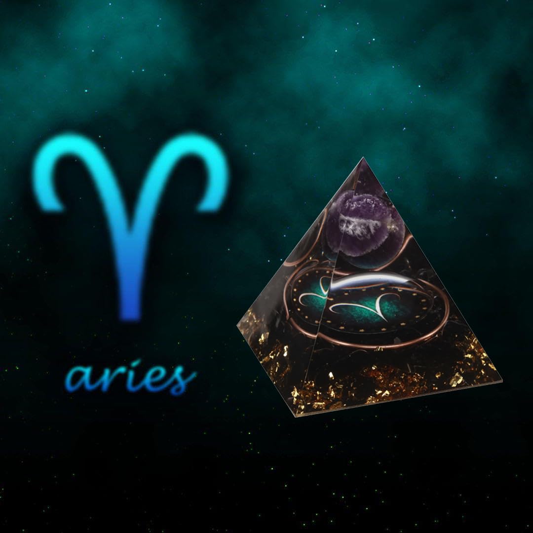 Yogmudra 12 Zodiac Orgone Crystal Pyramid, Natural Amethyst with Obsidian,Healing Crystals Pyramid for Protection Chakra, Unique Constellation Pyramid for Positive Energy, Healing Money Health(Aries)