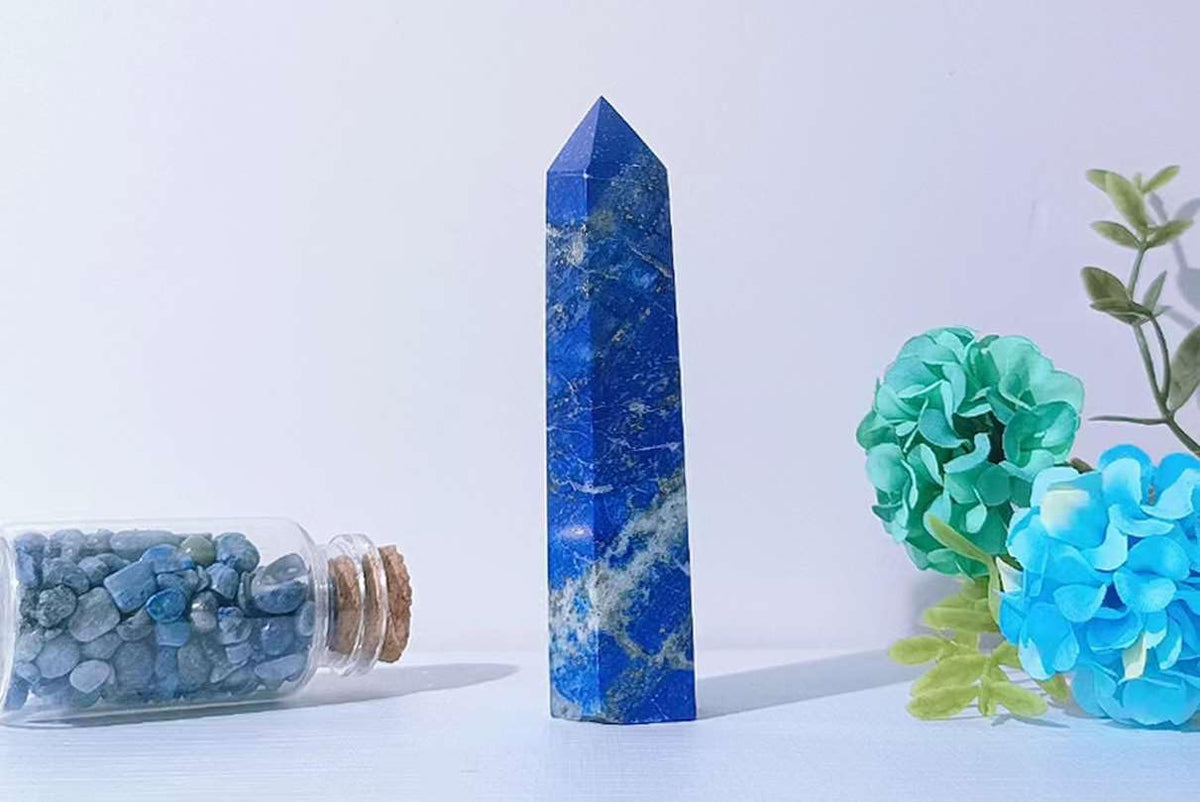LAIDANLA Lapis Lazuli Healing Crystals Wands 3.5-4" Polishing Natural Reiki Energy Wand Stone Hexagonal Point Obelisk Large Crystal Gemstones for Meditation Therapy Crystal Grid Gifts Decoration 1Pcs