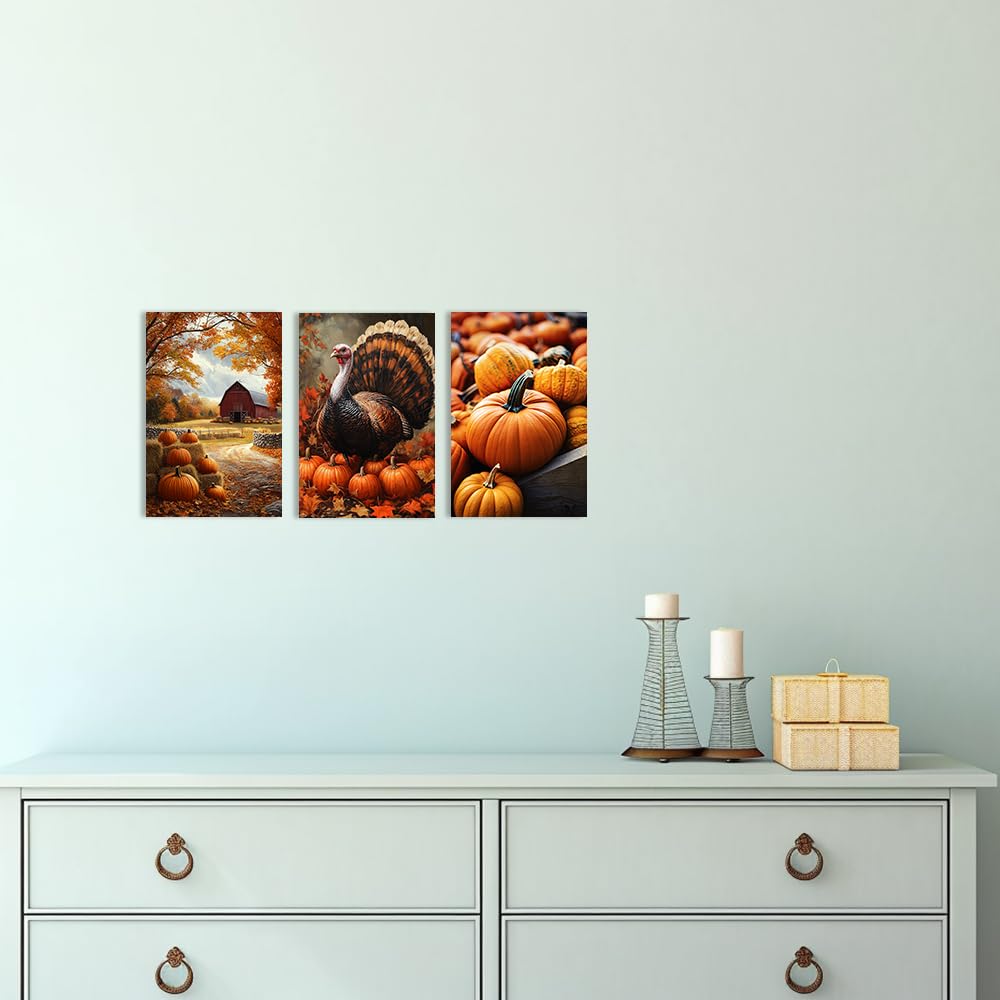 CCWORKERRY Fall Picture Wall Art Set of 3 Barn and Pumpkin Canvas Prints Autumn Painting Rural Harvest Poster Farmhouse Kitchen Decor Framed(Orange,12" x 16"x3P)