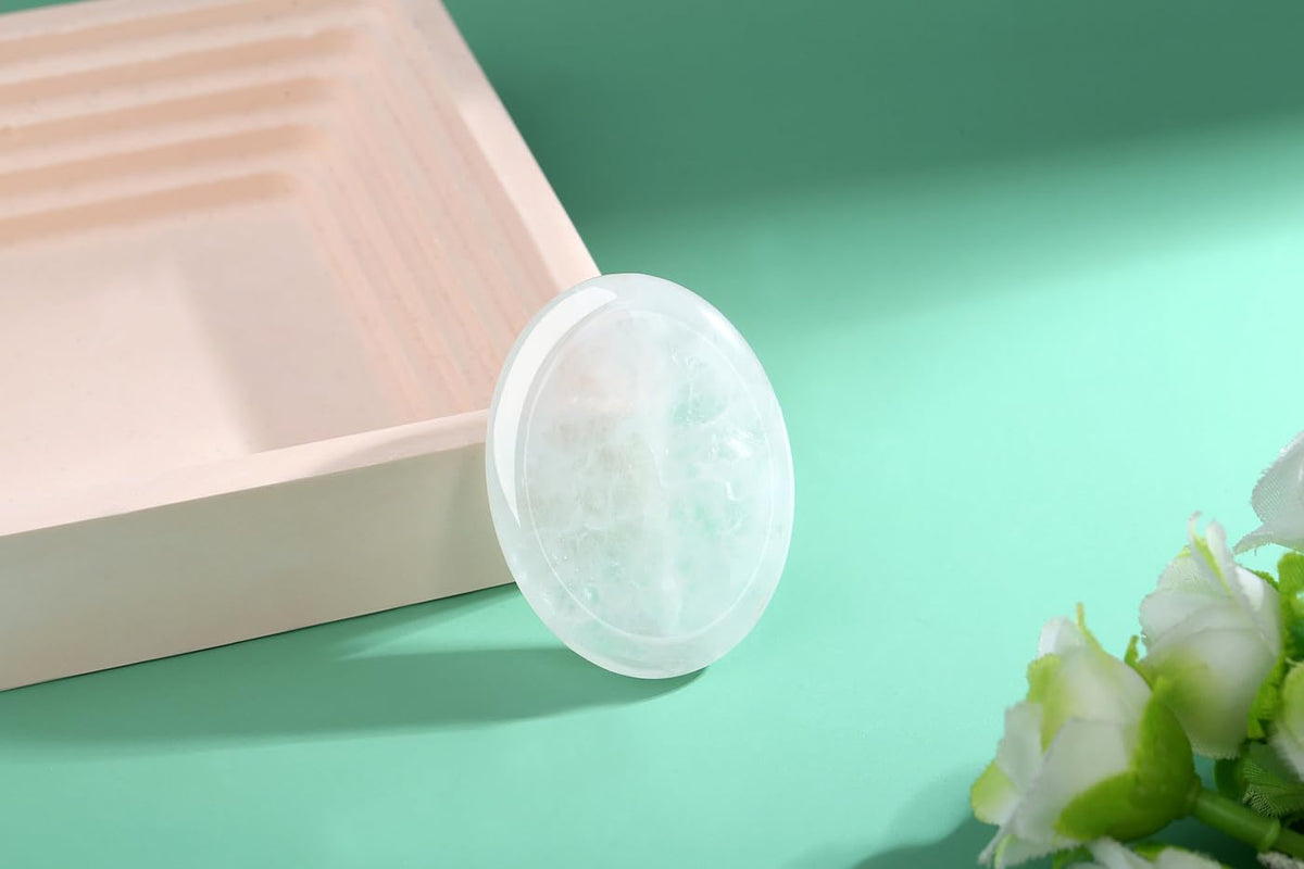 NUKAYAI Thumb Worry Stone Clear Quartz Crystals Oval Tiny Fidget Healing Crystal Natural Meditation Accessories Stress Relief Gifts Reiki Palm Small Trinkets Pocket Anxiety Relief Items for Women Men