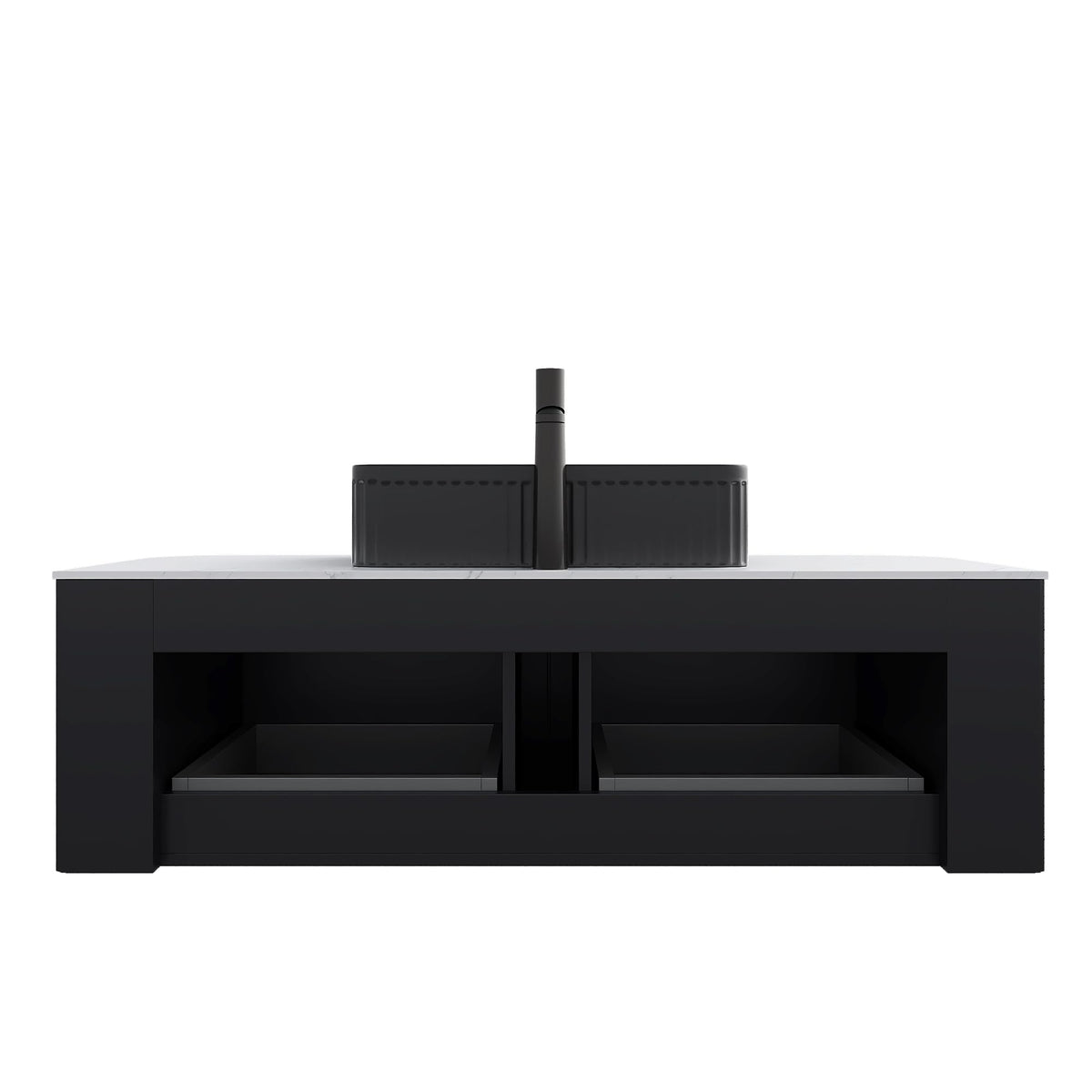 GDFStudio 48" Floating Bathroom Vanity with Sink, DINA Wall Mounted Curved Cabinet, Carrara White Sintered Stone Top, Double Drawer Storage, 3D Striped Finish, Modern Black Rectangular Ceramic Basin