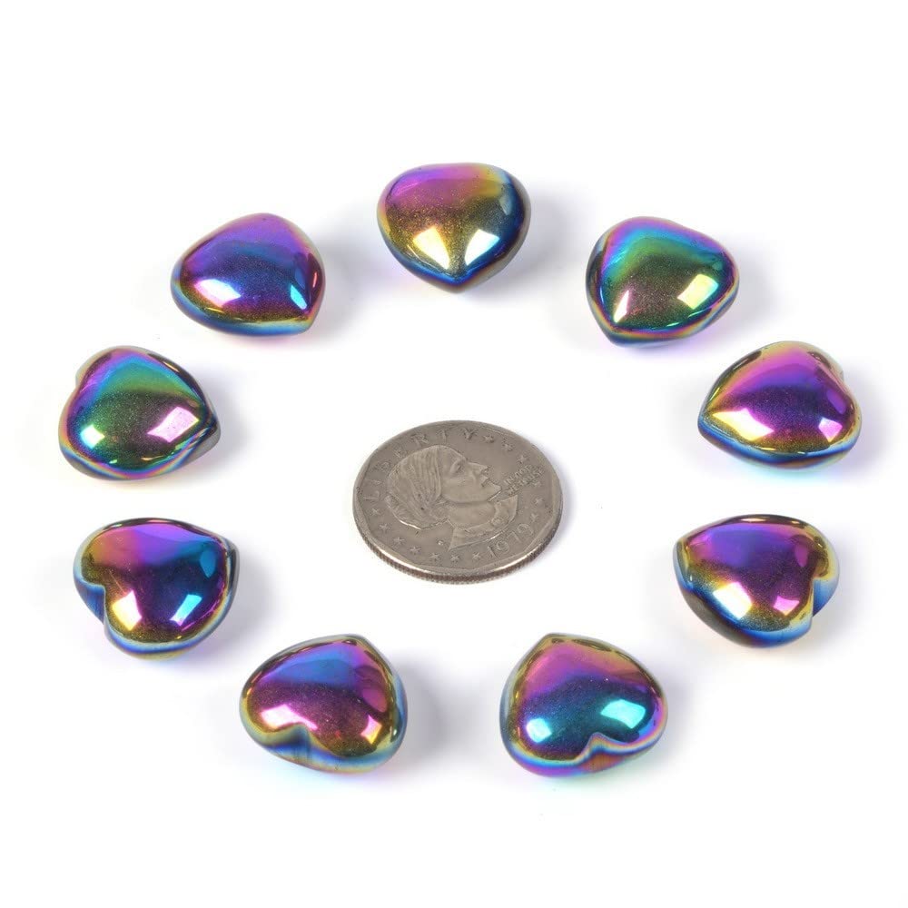 Coated Rainbow Hematite Gemstone Healing Crystal 0.8 inch Mini Puffy Heart Pocket Stone Iron Gift Box (Pack of 10)