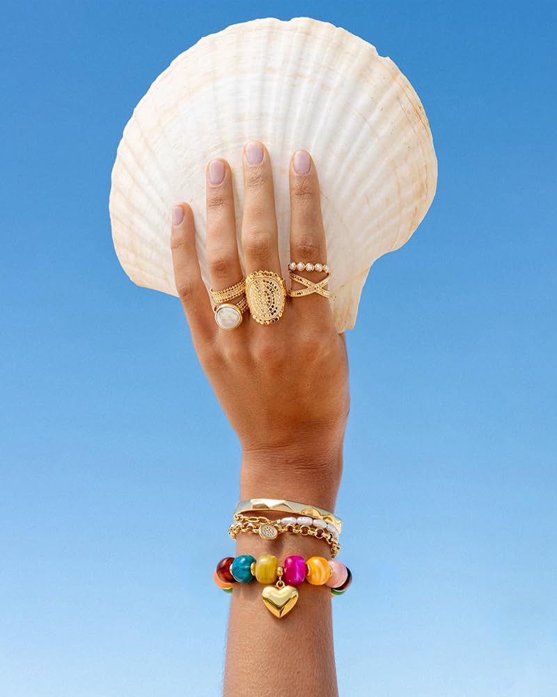 FAUTHENTICUTE Colorful Beaded Bracelets for Women Chunky Rainbow Resin Bead Strand With A Cute Gold Heart Charm Trendy Summer Beach Bracelet Boho Y2k Jewelry Gift