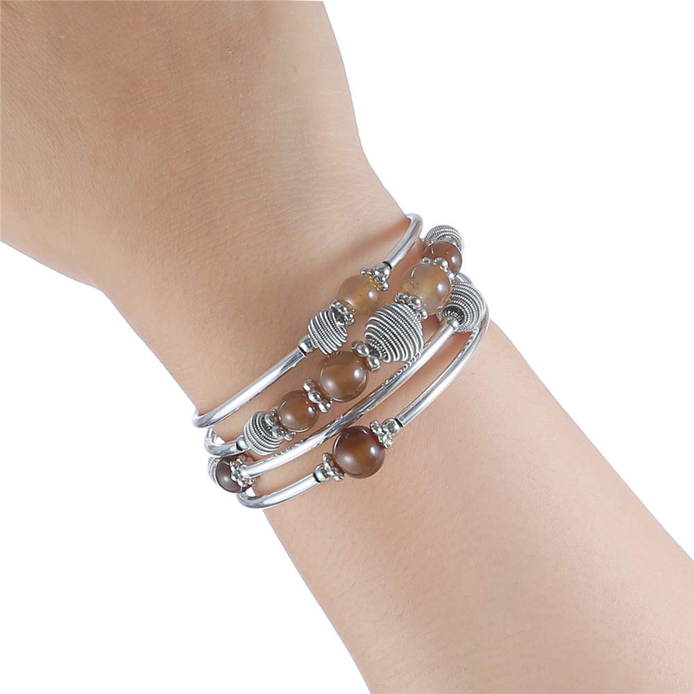 PEARL&CLUB Beaded Chakra Bangle Turquoise Bracelet - Fashion Jewelry Wrap Bracelet with Thick Silver Metal and Mala Beads, Birthday Gifts For Women(Brown)