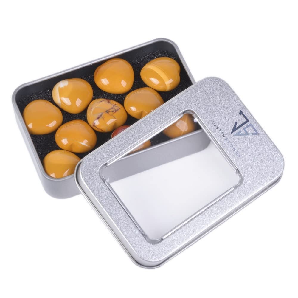 Natural Yellow Mookaite Jasper Gemstone Healing Crystal 0.8" Mini Puffy Heart Pocket Stone Iron Gift Box (Pack of 10)
