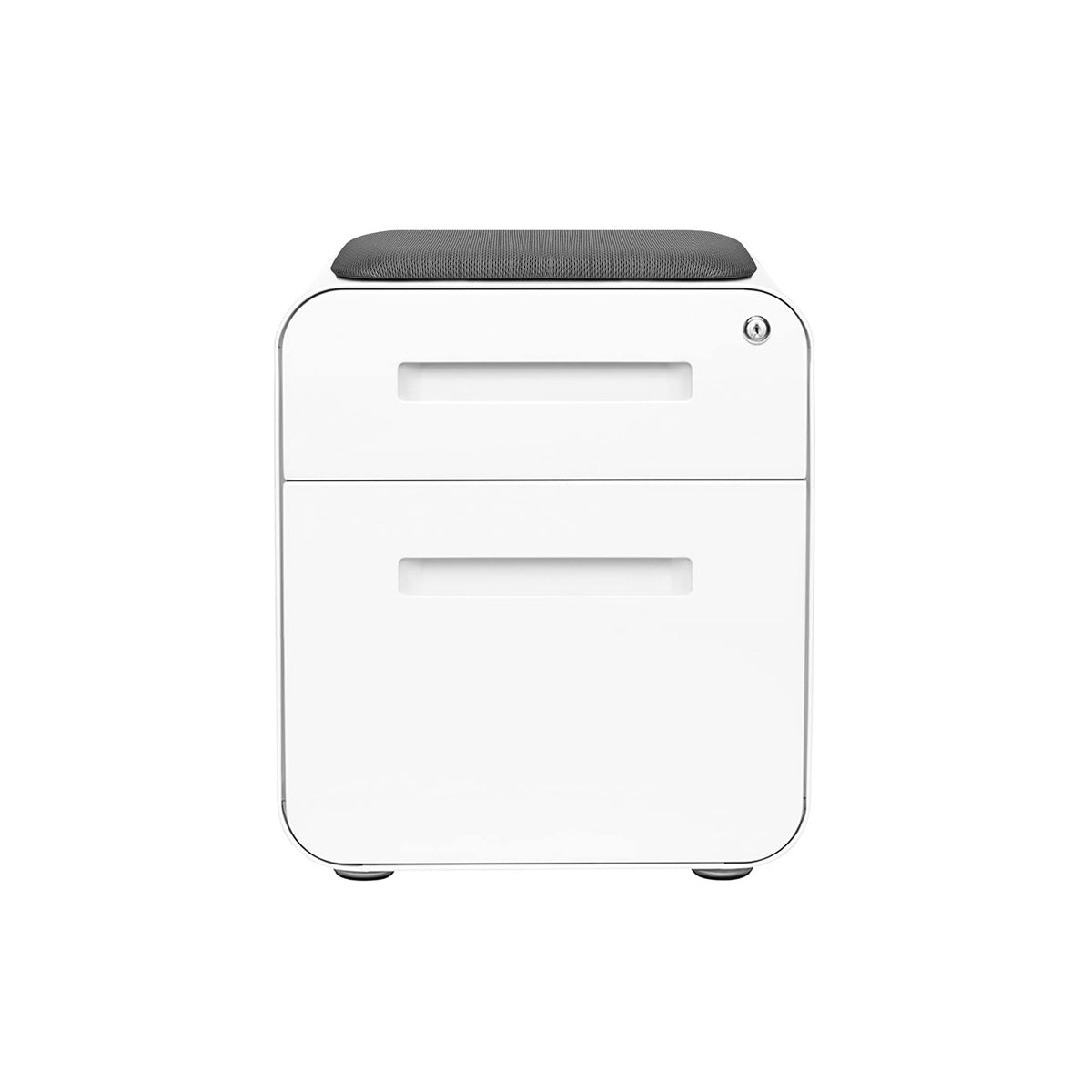 Laura Davidson Furniture STOCKPILE Mini Seated 2 Drawer Mobile File Cabinet with Removable Magnetic Cushion Seat - Short Version, Metal Filing Cabinet, Pre-Assembled, White with Grey Cushion