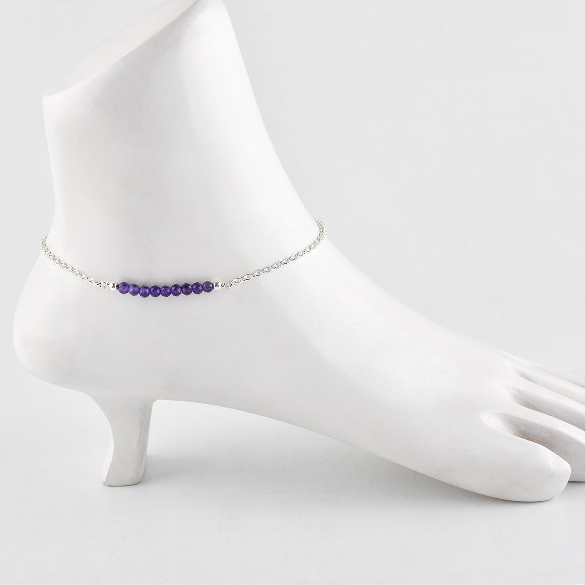 YANARA Amethyst Ankle Bracelet for Women Jewelry, Natural Birthstone, Gemstone Beads, Handmade Dainty Anklet 9"+1.25" inch, 3mm Rounds, Chakra Energy Crystals, Silver Plated Chain