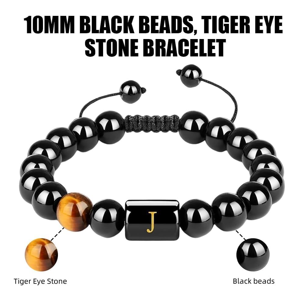 Handmade Initials Bracelets for Men Letter Link Natural Tiger Eye Black Onyx Beads Father's Day Birthday Gifts for Men Braided Rope, Meaningful Bracelet Custom Gifts for Him, Husband, Father, Boyfriend, Son( Letter Q, 26 Letters)