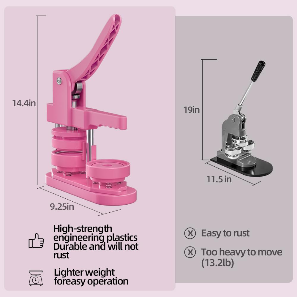 FreeingBAG Button Maker Machine 58mm - (3 Gen) Installation-Free (2.25in) DIY Badge Button Maker Press Machine Badge Punch Press with 100pcs Button Parts Pictures (Pink, 2.25 inch / 58mm)