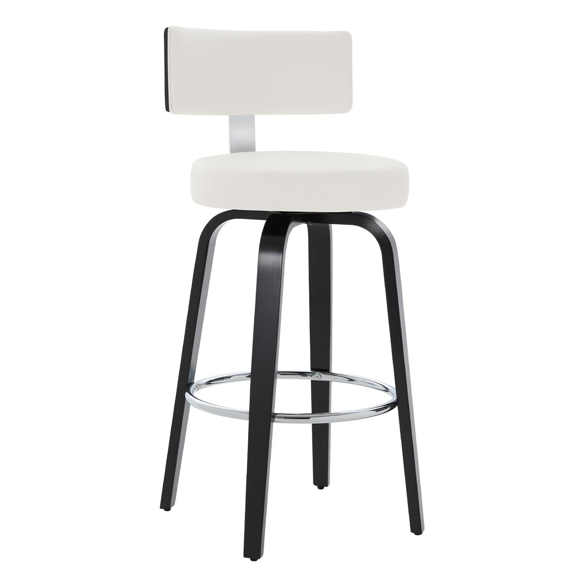 WOOW DEPOT Swivel Counter Height Bar Stools Set of 3, 29" Upholstered Faux Leather Barstools with Back, Mid Century Modern Counter Stools with Black Walnut Wood Legs for Kitchen Island, White