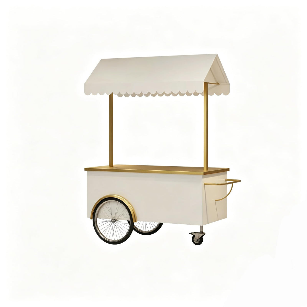 FUNEWBO Luxury White Gold Vendor Cart with Scalloped Awning,Wheeled Food Display Trolley,Elegant Serving Cart for Wedding,Party & Small Business(47.2 * 27.5 * 78.7in, White)