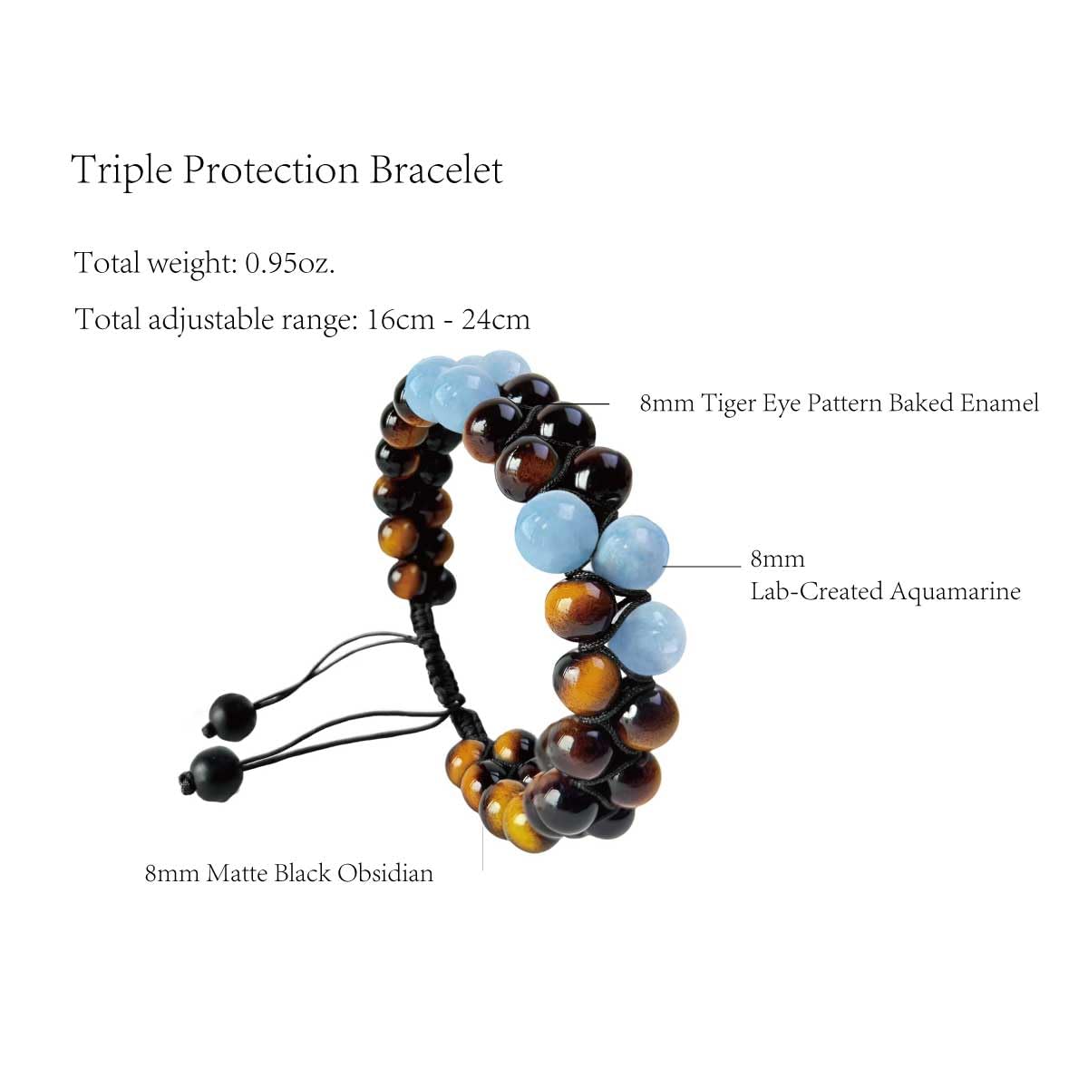 GLITZ AURA Handmade Triple Protection Bracelet - Easter Basket Stuffers for Teens, 8mm Natural Tiger's Eye & Aquamarine Bead Bracelet, Father Day Jewelry for Men, Adjustable Healing Crystal Gifts (Aquamarine)