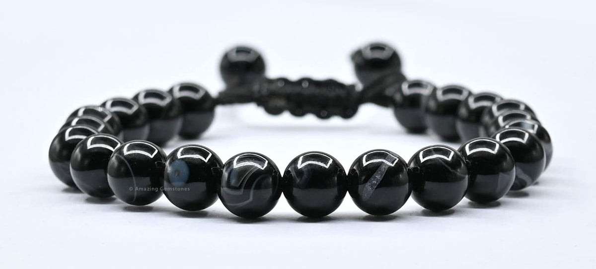 Amazing Gemstone Black Hakik Banded Bracelet for Women Men's Gifts - Protection Healing Crystal Bracelet - 8mm Gemstone Beaded Adjustable Bracelet Pulseras Para Hombres Mujer Stocking Stuffers