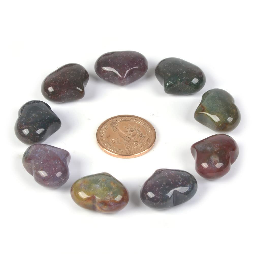 Natural Multi-Color Indian Agate Gemstone Healing Crystal 1 inch Mini Puffy Heart Pocket Stone Iron Gift Box (Pack of 10)