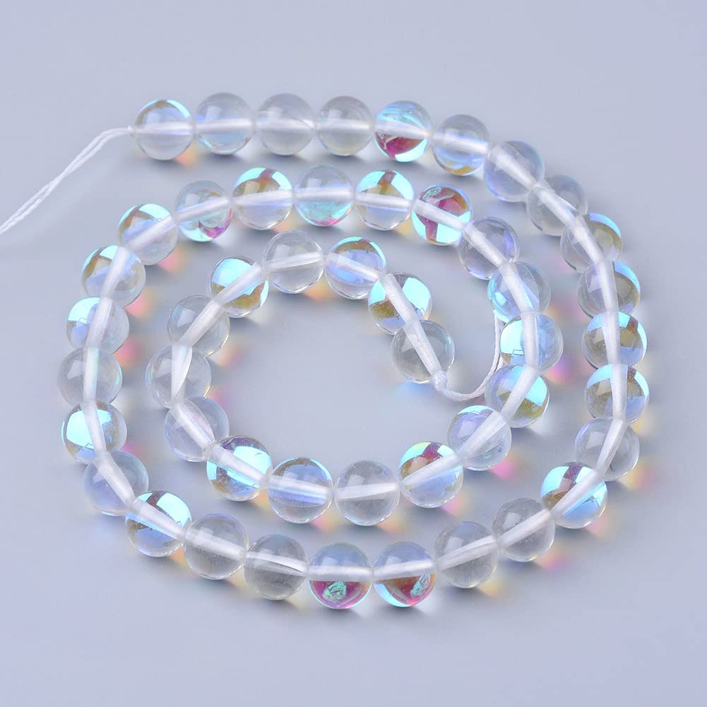 Perlin Moonstone Beads 8mm Round Synthetic Crystal Gemstone Beads Iridescent Aura Finish for Jewelry Making DIY Bracelet Necklace Craft Beads 15 Pieces