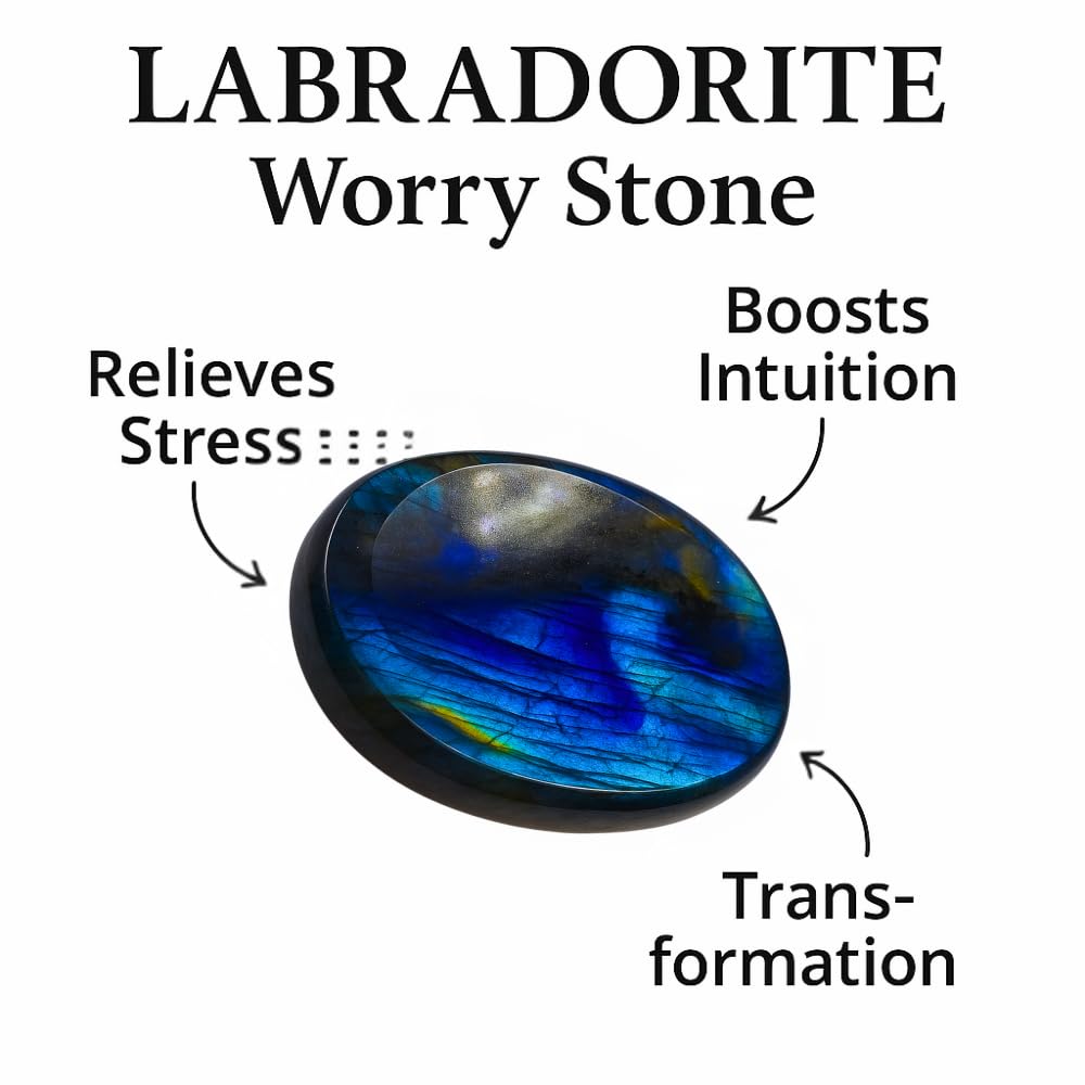 Anaya Agate Labradorite Worry Stone 35-40mm – Healing Thumb Crystal for Anxiety & Stress Relief – Palm Meditation Stone with Velvet Pouch Christmas Gift for Men & Women