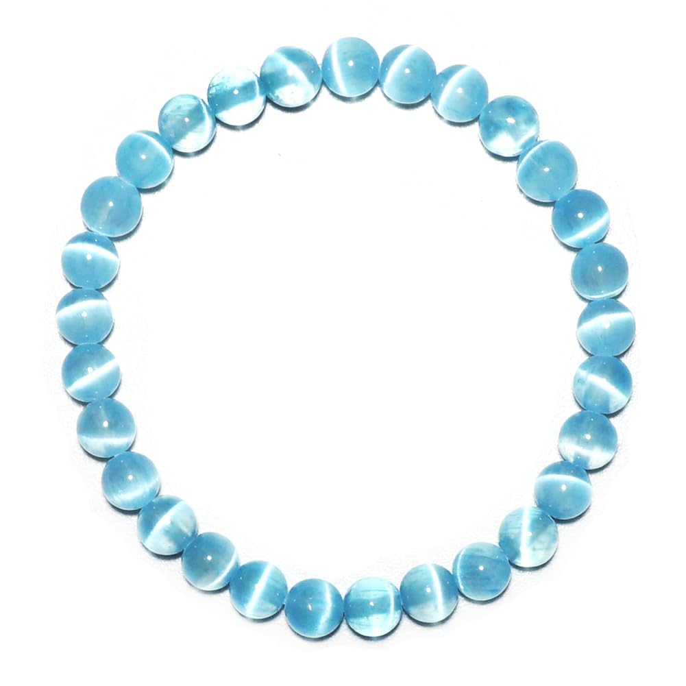 Natural Selenite Bracelet 6mm | Aqua Blue | Crown Chakra Crystal with Cat-eye Effect | Handmade Meditation Healing Bracelet for Women Men | Beading Tool Kit - Fits for 6-7 inch Wrist Size