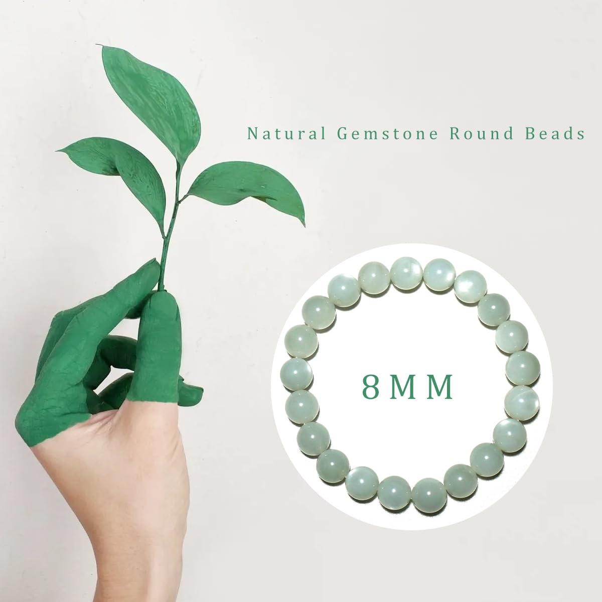 OwizJade 8MM Green Moonstone Bracelet, Unisex Natural Gemstone Round Beads Stretch Bracelet Healing Crystal Beads, A for Women Men
