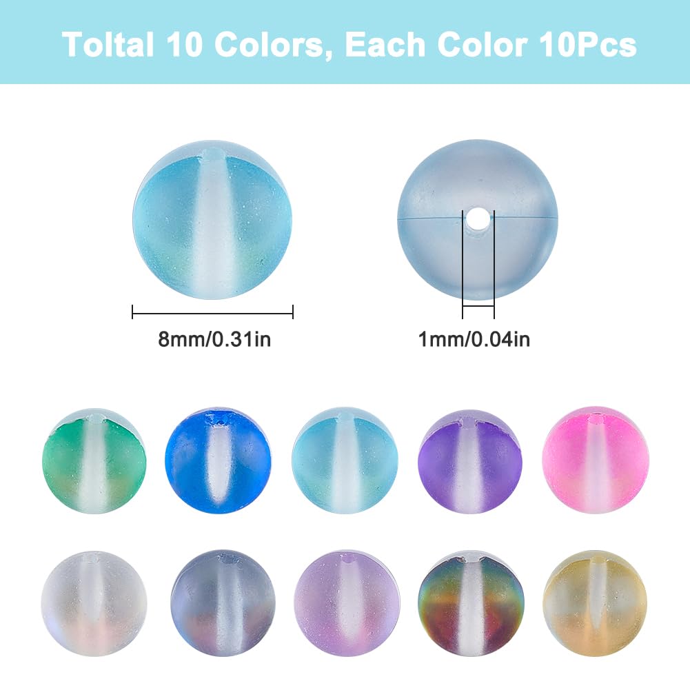 SOFPLATE 1 Box 100Pcs 8mm Moonstone Glass Bead Bulk Matte Crystal Beads Frosted Colorful Mermaid Round Glitter Shiny Aurora Loose Spacer for Bracelets Jewelry Making DIY Crafts Supplies