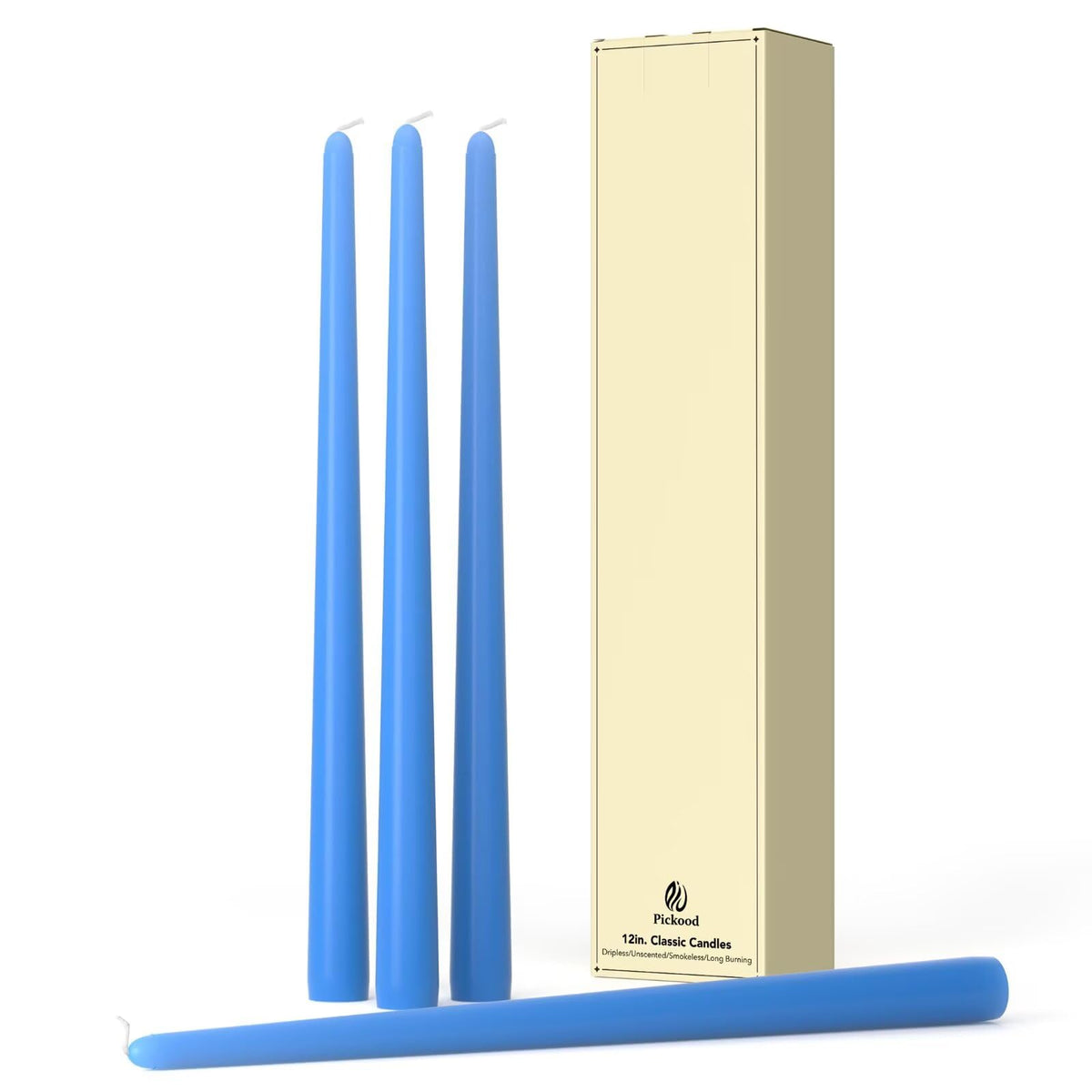 Pickood 12-Inch Tall Dripless Taper Candles Set of 4 - Baby Blue Tapered Candles, Perfect for Spring - Smokeless, Unscented, Long Burning - Hand Poured, Colored Tall Candlesticks - Light Blue