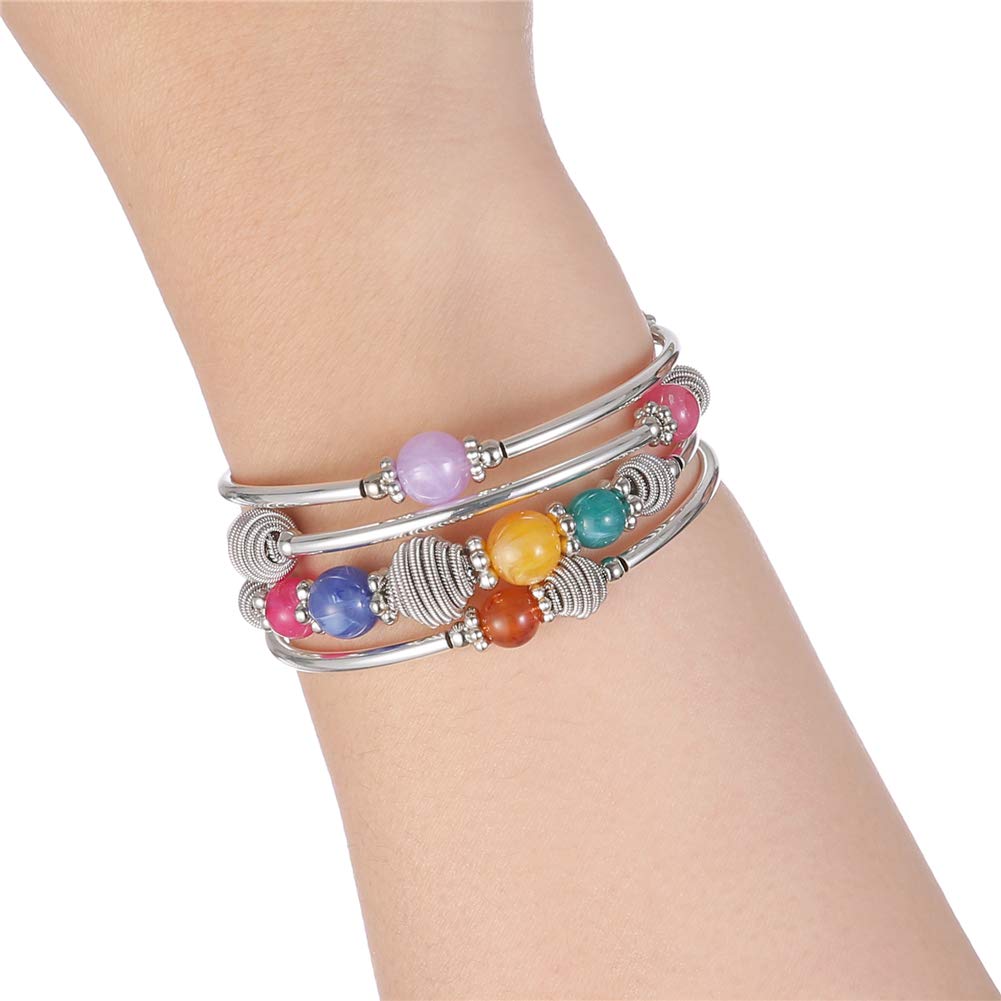 PEARL&CLUB Beaded Chakra Bangle Turquoise Bracelet - Fashion Jewelry Wrap Bracelet with Thick Silver Metal and Mala Beads, Birthday Gifts For Women(Colorful)