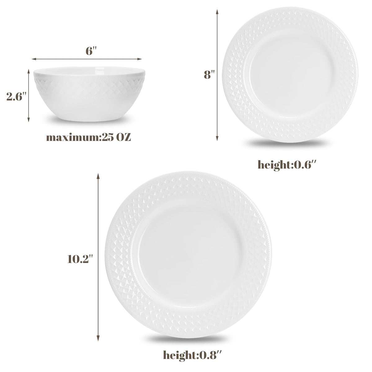 QUANSHANGJU 18-Piece Bone China Dinnerware Set for 6, White Porcelain Plates and Bowls with Textured Design, Lightweight Microwave Dishwasher Safe for Family Dining