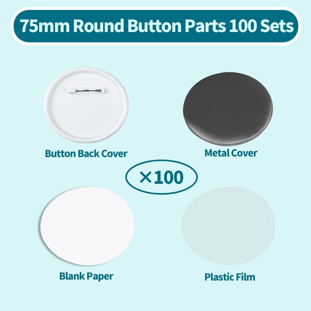 DCBADGE Button Maker Machine Parts of Blank Pin Back,Round Badge Making Supplies with Metal Cover&Plastic Button Back Cover&Clear Film&Blank Paper (White, 100 Sets pf 75mm)