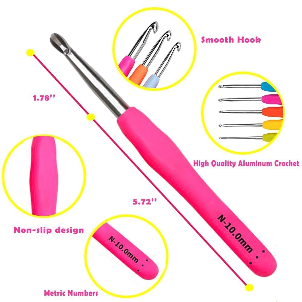 Yarniss 14 Size Crochet Hooks Set, 2mm(B)-10mm(N) Ergonomic Crochet Hooks with Case for Arthritic Hands and Blocking Mats for Knitting&Crochet Project, Thickened Blocking Board with Grid Line & T-Pins